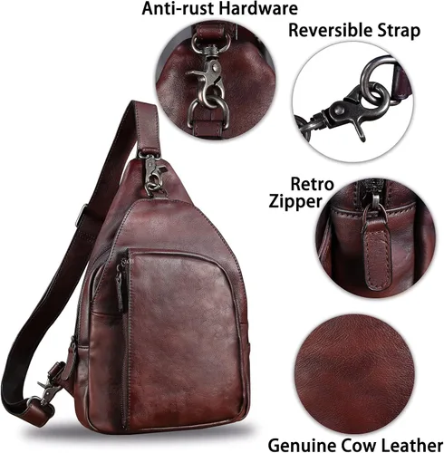 Vista 6 de Bolso bandolera de cuero genuino para hombres y mujeres, mochila vintage de cuero real, bolsa cruzada de hombro, bolsa de pecho