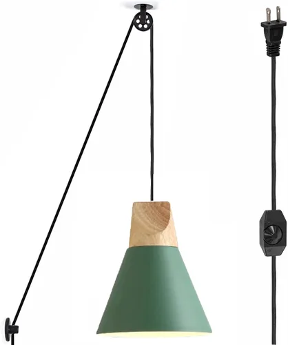 Vista 22 de Kiven Lámpara colgante de polea enchufable, luz colgante ajustable con cable de interruptor de atenuación de 15 pies, pantalla de aluminio macarón
