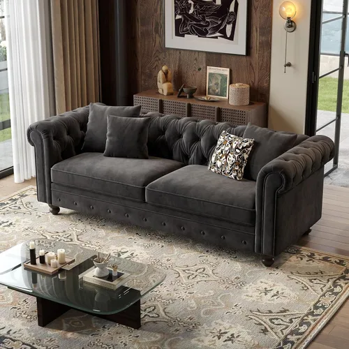 Vista 7 de ONBRILL Sofá Chesterfield de 82 pulgadas, sofá de terciopelo de 23 pulgadas de profundidad para sala de estar, sofá capitoné con botones con brazos