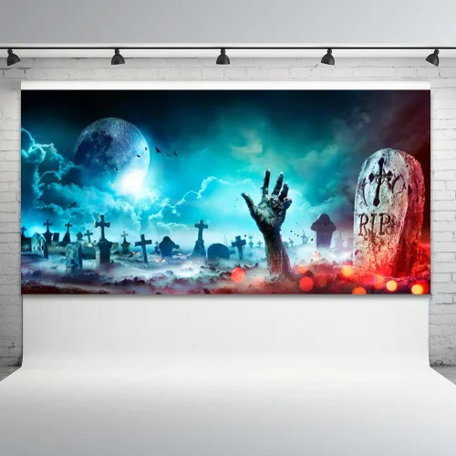 Vista 3 de Telón de fondo de Halloween para fotografía de cementerio de Halloween de 20 x 10 pies, telón de fondo de lápida de calavera aterradora, calabaza