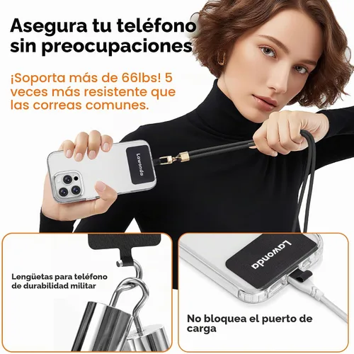 Vista 4 de Cordón universal para teléfono celular, correa antirrobo ajustable para el cuello para iPhone 17 Pro Max, 2 parches de teléfono, almohadillas