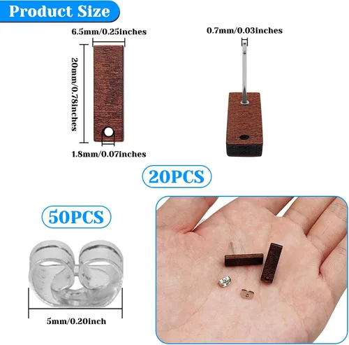 Vista 3 de Aretes de madera para hacer joyas, 70 piezas de aretes de madera para hallazgos de aretes, aretes con bucle, postes de madera con parte trasera