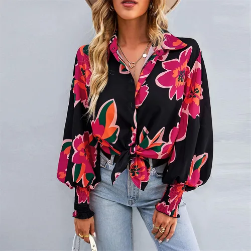 Vista 2 de AELSON Blusa de manga larga con cuello en V y estampado floral para mujer, estilo bohemio, con botones