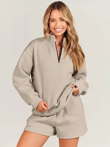 Vista 6 de ANRABESS Conjunto de 2 piezas para mujer, sudadera y pantalones cortos, de gran tamaño, casual, conjunto de sudadera para descansar, conjunto