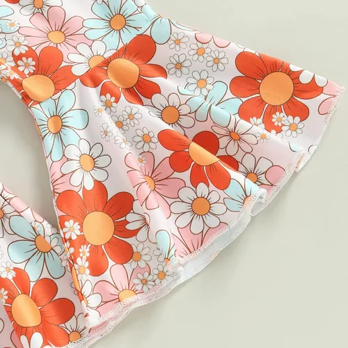 Vista 5 de Muasaaluxi Trajes a juego para hermana mayor y hermana pequeña de manga corta y camisas, pantalones de campana de flores, diadema, ropa bohemia