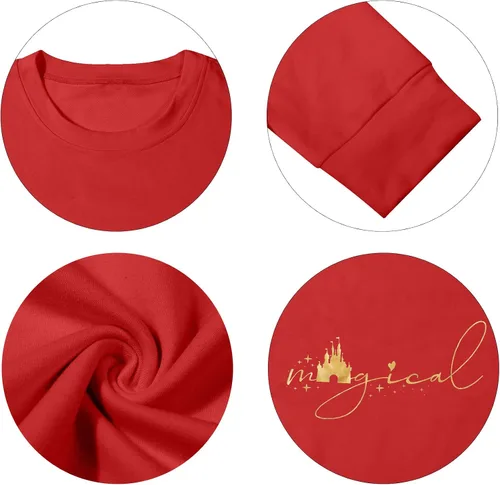 Vista 4 de UNIQUENOE - Sudaderas de manga corta para mujer, camiseta mágica para vacaciones familiares, diseño de castillo