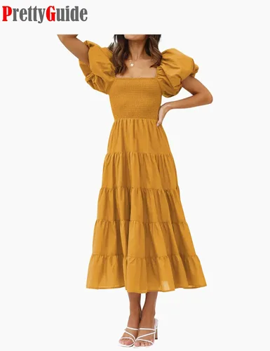 Vista 4 de PrettyGuide Vestido midi de verano para mujer, con hombros descubiertos, manga corta, abombada, cintura alta, casual, fruncido, con volantes