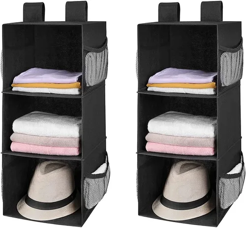 Vista 8 de MAX Houser Organizador de armario colgante de 3 estantes con 2 velcros, beige Organizador de suéter colgante, estantes colgantes plegables