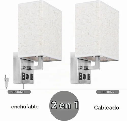 Vista 7 de CADUKE Juego de 2 lámparas de pared de noche, lámpara de pared enchufable con puertos de carga USB y toma de corriente alterna, apliques de pared