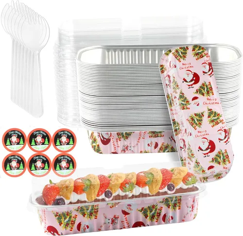 Vista 16 de Paquete de 100 mini moldes para pan de Navidad con tapas, mini moldes para pasteles con tapas y cucharas, moldes de papel de aluminio de 6.8 onzas