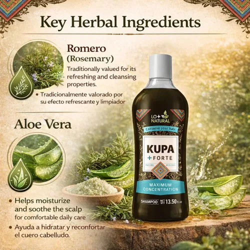 Vista 3 de Champú KUPA + FORTE con romero y aloe vera, 13.5 onzas líquidas, fórmula inspirada en huichol a base de hierbas, limpieza profunda y cuidado