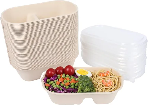 Vista 6 de 23 oz 2 compartimentos cuencos desechables con tapas Fibra vegetal Paquete de 50