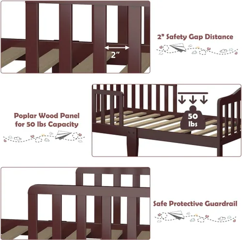 Vista 6 de Estructura de cama de madera de Costzon, para niños pequeños, con cerca de seguridad, Cereza
