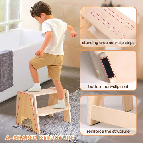 Vista 2 de Taburete para niños pequeños, taburete de madera ajustable en altura de 2 pasos para niños, taburete para entrenamiento del orinal con asas