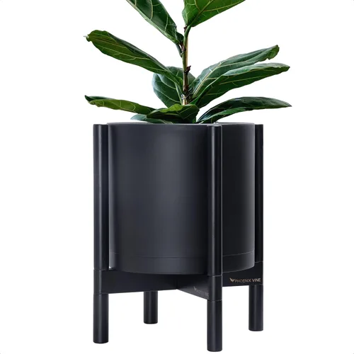 Vista 34 de Maceta de D'vine Dev con soporte - Maceta de flores de cilindro de plástico de 8.0 pulgadas con soporte de madera para interiores, maceta mate negra
