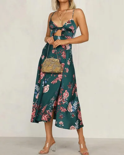 Vista 4 de Fashionme Vestidos de satén midi con tirantes delgados para mujer, con lazo frontal, sin espalda, vestido hueco dividido