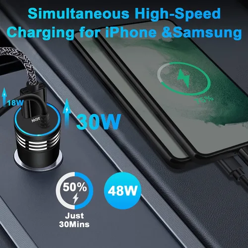 Vista 2 de Cargador de Coche Súper Rápido de 48W USB C Adaptador de Coche Rápido Android con Cable de Carga Rápida Tipo C de 30W Integrado para Samsung Galaxy