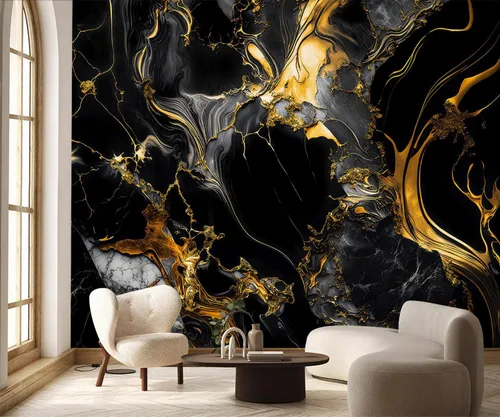 Vista 2 de Papel pintado abstracto de mármol negro y dorado Zz05