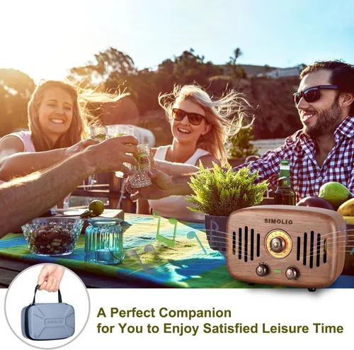 Vista 6 de SIMOLIO Altavoces Bluetooth retro de radio vintage, fuerte y potente sonido estéreo de 2 x 8 W, altavoz de madera de nogal negro natural con radio