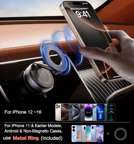 Vista 5 de Soporte magnético para teléfono de automóvil de absorción al vacío, adecuado para teléfonos iPhone y Android, soporte de ventosa ajustable de 360°