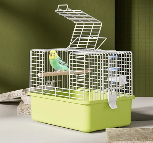 Vista 5 de Jaula portátil de viaje para pájaros – Transportador de alambre de visión completa de 360° con alimentador y taza de agua para cacatúas, periquitos
