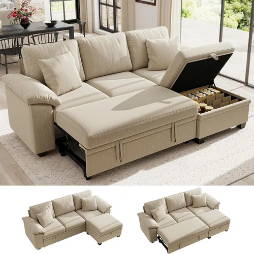 Vista 16 de Ihanherry Sofá modular de 86 pulgadas con cama extraíble, sofá cama modular en forma de L de 4 plazas con otomana de almacenamiento, sofás Verde