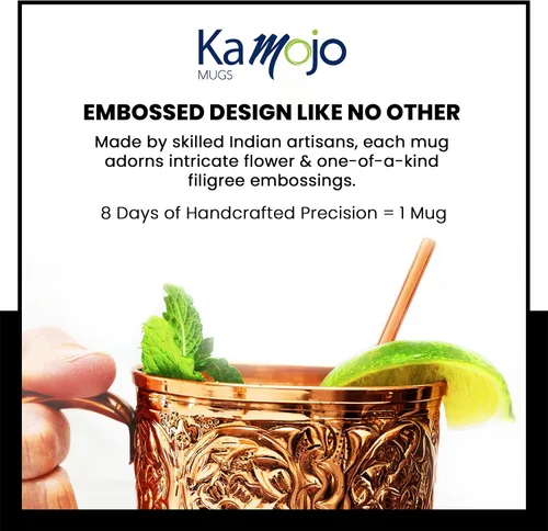 Vista 4 de Kamojo Juego de 2 tazas de cobre con diseño único hecho a mano en relieve con revestimiento antideslustre de grado alimenticio, juego de regalo