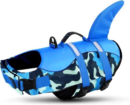 Vista 12 de Queenmore Chaleco Salvavidas para Perros Tiburón, Chaleco de Natación de Alta Flotabilidad, Chalecos Salvavidas para Perros Ajustables y Fáciles