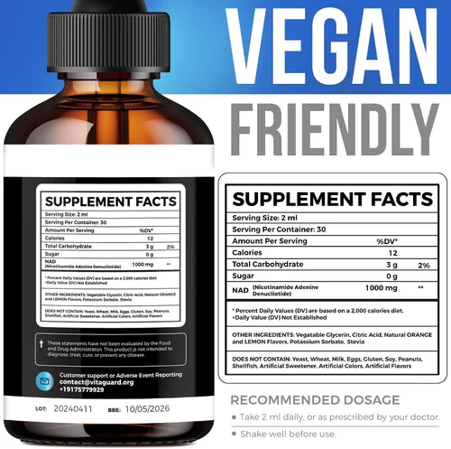 Vista 3 de Vita Guard Pure NAD+ Liquid Drops 1000mg Fórmula de nicotinamida y adenina Vegano, sin OMG Sabor natural de limón y naranja Suplemento