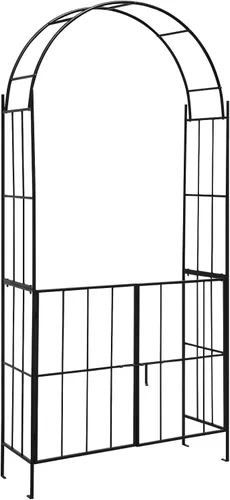 Vista 8 de Giantex Enrejado de jardín con puerta, arco de jardín de metal de 7.5 pies con puerta y estacas para plantas trepadoras, enredaderas de rosas