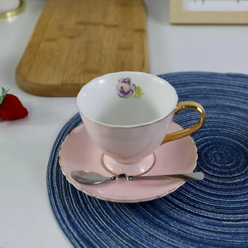 Vista 6 de Taza y platillo de café estilo europeo, juego de 4 tazas de café de porcelana para el hogar, cocina, fiesta de té (4 colores/juego surtido)