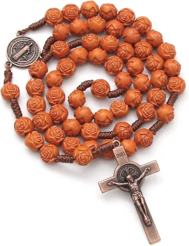 Vista 2 de KOMI Rosarios católicos de madera hechos a mano, collar de cuentas de rosario de madera de Belén, oración cristiana, medalla de tierra santa y cruz