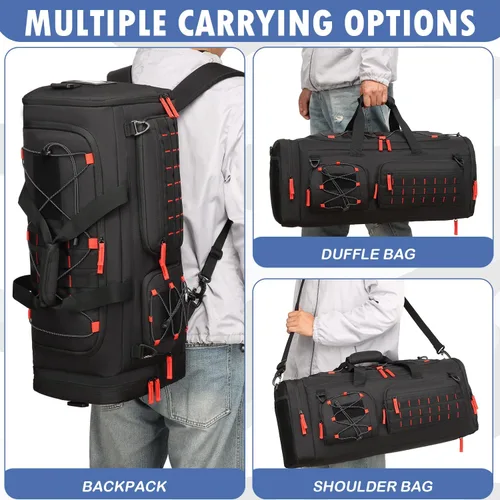 Vista 6 de Bolsa de gimnasio para hombres y mujeres con compartimento para zapatos y laptop, bolsa de viaje deportiva 3 en 1, Negro + rojo, Modas
