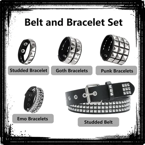 Vista 3 de YMO Cinturón con tachuelas, pulsera gótica con remaches, punk, rock, brazalete emo, cinturón emo, pulseras góticas con púas, accesorios para mujeres