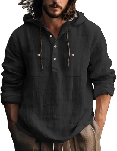 Vista 35 de Camisas de lino para hombre, ligeras, con botones, de manga larga, con capucha, ajuste regular, de algodón, para la playa