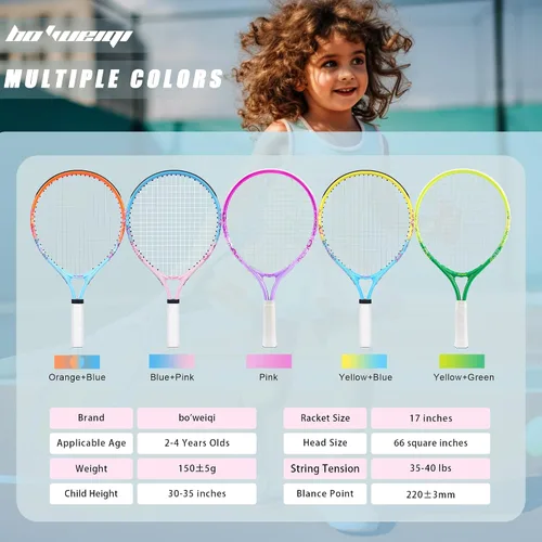 Vista 7 de bo'weiqi Raqueta de tenis para niños de 17"-25" para edades de 2-12 años, raqueta de tenis juvenil ligera para niñas y niños, deportes al aire