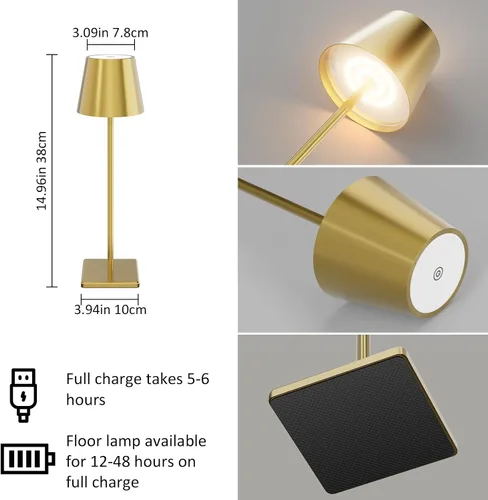 Vista 2 de Lámpara de mesa inalámbrica dorada, 5500 mAh, luz de mesa de latón, 3 temperaturas de color, regulable, recargable, para exteriores, restaurante Oro