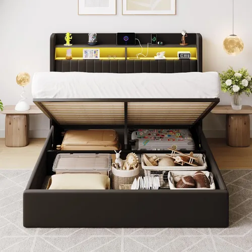 Vista 7 de SHA CERLIN - Estructura de cama de tamaño matrimonial con almacenamiento elevado/Luces LED/Estación de carga/Cabecero con estantes de 2 niveles/USB