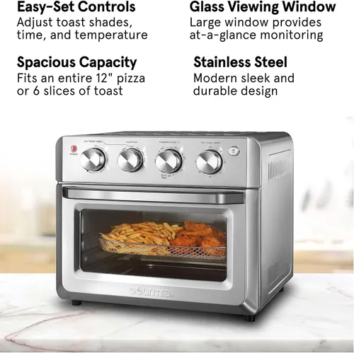 Vista 3 de Gourmia Tostador Horno Air Fryer Combo 7-en-1 funciones de cocción 1550 vatios, capacidad 19.8L, accesorios incluidos estante de convección, cesta