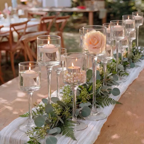 Vista 9 de NUPTIO Portavelas de cristal Tealight: juego de 3 candelabros de tallo largo para centro de mesa de cena, velas flotantes Monet Clear Glass Cups