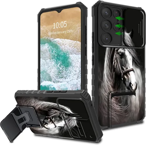 Vista 11 de FUYOCWE Funda para Samsung Galaxy S22 Ultra con cubierta para cámara deslizante, resistente Defender Kickstand Protector de lente de cámara Funda