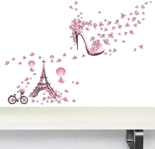 Vista 4 de Calcomanías de pared románticas para decoración de pared con diseño de mariposa y corazón y mariposas, diseño de torre de París, globo aerostático