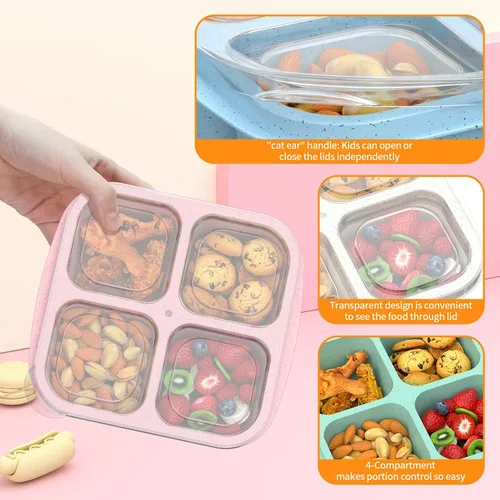 Vista 2 de Cajas Bento para Aperitivos (Paquete de 4) - Contenedores Reutilizables de 4 Compartimentos para Preparación de Comida para Niños y Adultos