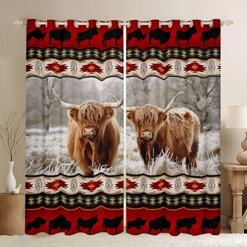 Vista 33 de Cortinas opacas estilo bohemio occidental de 76 x 45 pulgadas, cortinas y cortinas de atrapasueños de vaca, cortinas del suroeste, cortinas de Multi