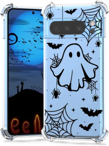 Vista 14 de Funda de Halloween para Google Pixel 6A transparente con diseños de murciélagos fantasmas, funda para teléfono para niñas, elegante, delgada, a