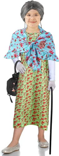 Vista 6 de 20 piezas de disfraz de anciana para el día de la escuela 100 para niños y niñas, peluca de abuelita, vestido de abuela, anteojos, collar de bastón