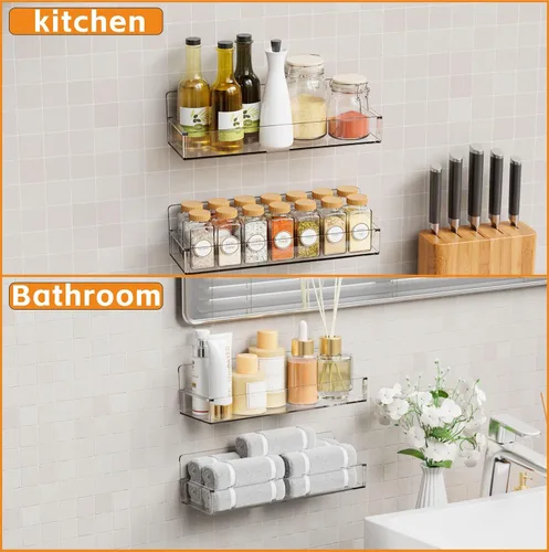 Vista 5 de Yieach Paquete de 4 soportes de pared transparentes para especias con adhesivo, 11.5 pulgadas de largo x 3.6 pulgadas de ancho, organizador