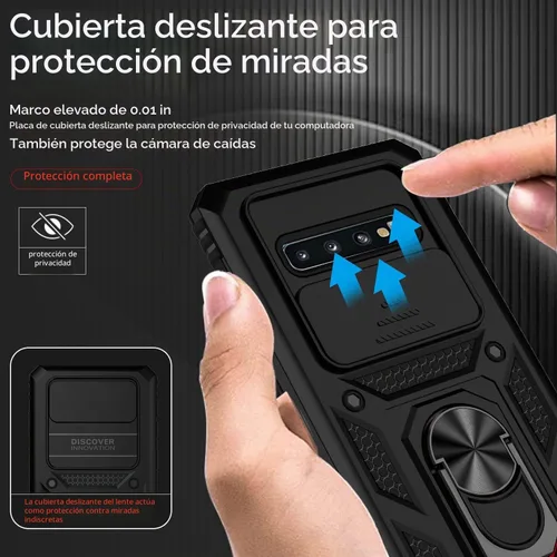 Vista 4 de Funda para Samsung Galaxy S10 con cubierta para lente de cámara, protector de pantalla HD, doble capa de grado militar, probada contra caídas Negro