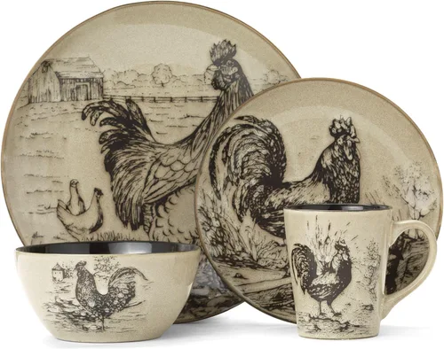 Vista 2 de Pfaltzgraff Homespun Rooster - Juego de vajilla de 16 piezas, servicio para 4, color marrón
