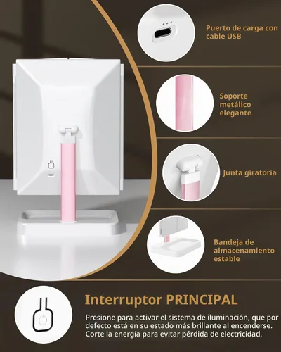 Vista 5 de BERTHALESS Espejo de maquillaje recargable con luces, 14.4 pulgadas de largo x 9.1 pulgadas de ancho, espejo de tocador iluminado para mesa, aumento